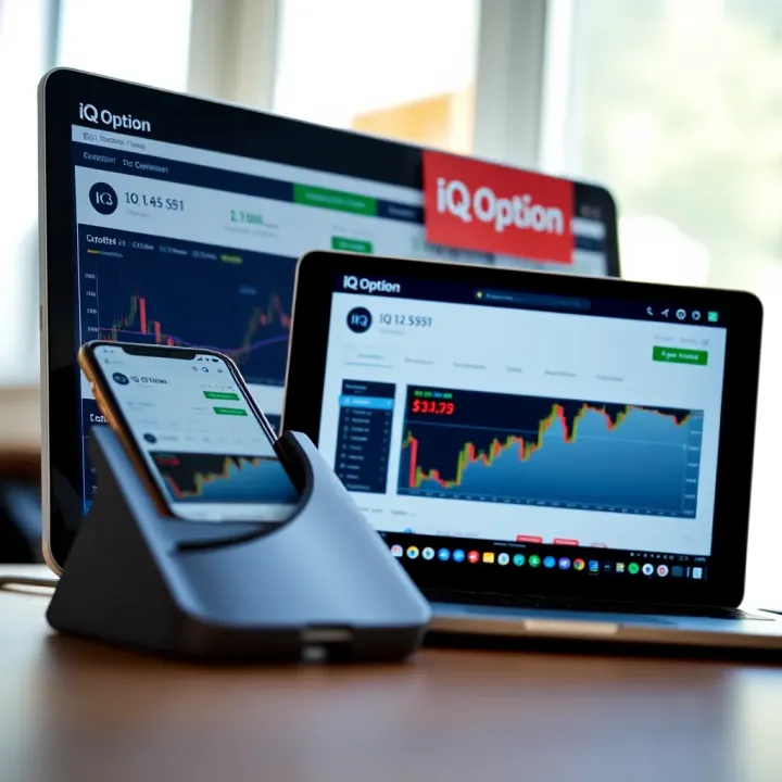 Comparison of mobile and desktop IQ Option platforms displayed on smartphone and laptop screens