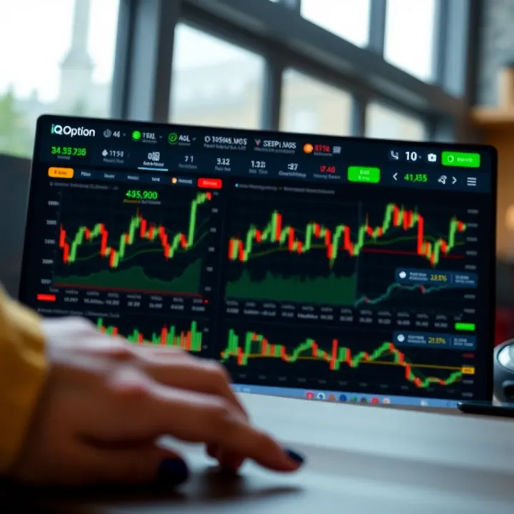 Screenshot of IQ Option trading dashboard showing various financial instruments and real-time price charts