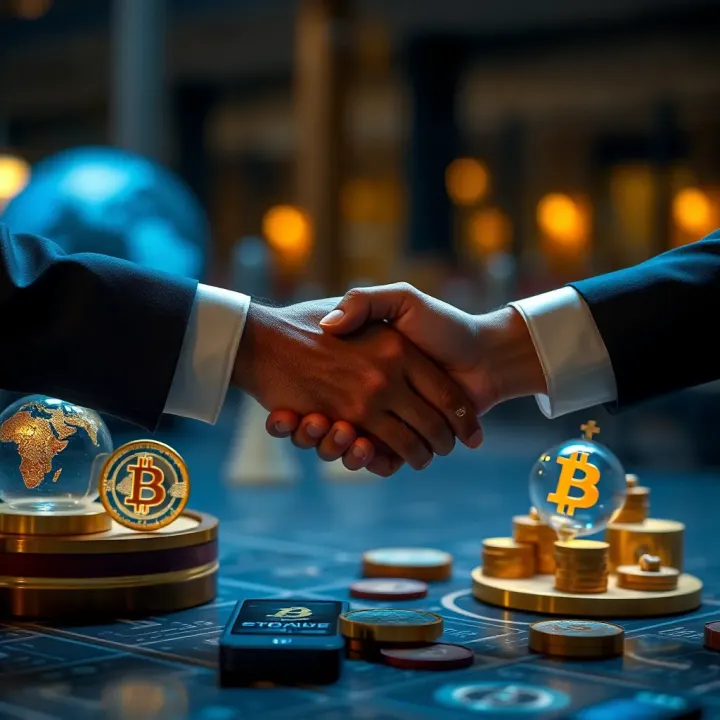 Visual depiction of partnership handshake symbol alongside South African crypto community icons