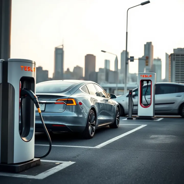 Tesla electric vehicle charging at a modern charging station with city skyline in the background