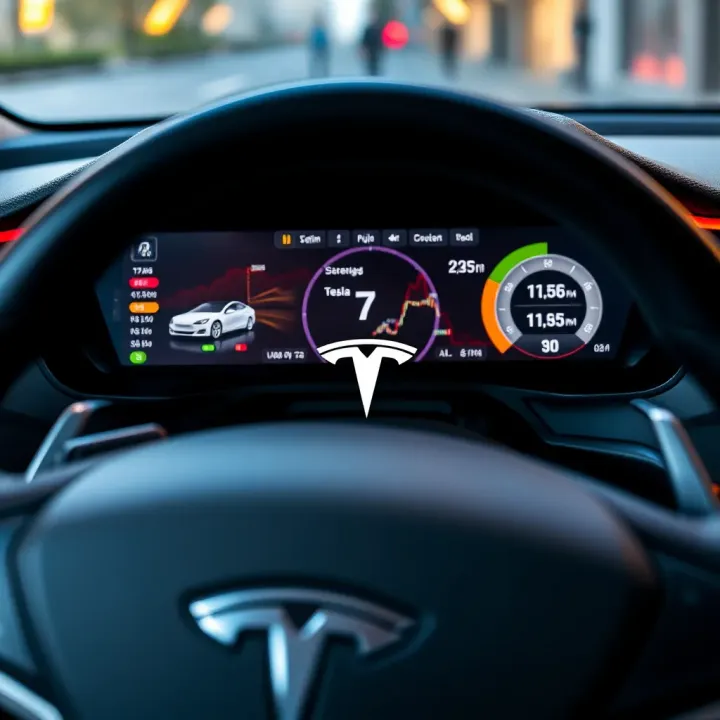 Close-up of advanced Tesla car dashboard displaying innovative technology and energy efficiency features