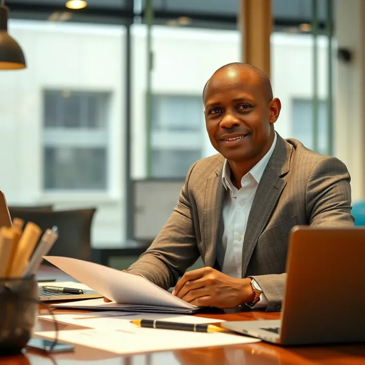 Modern office with documents and laptop showing business strategy