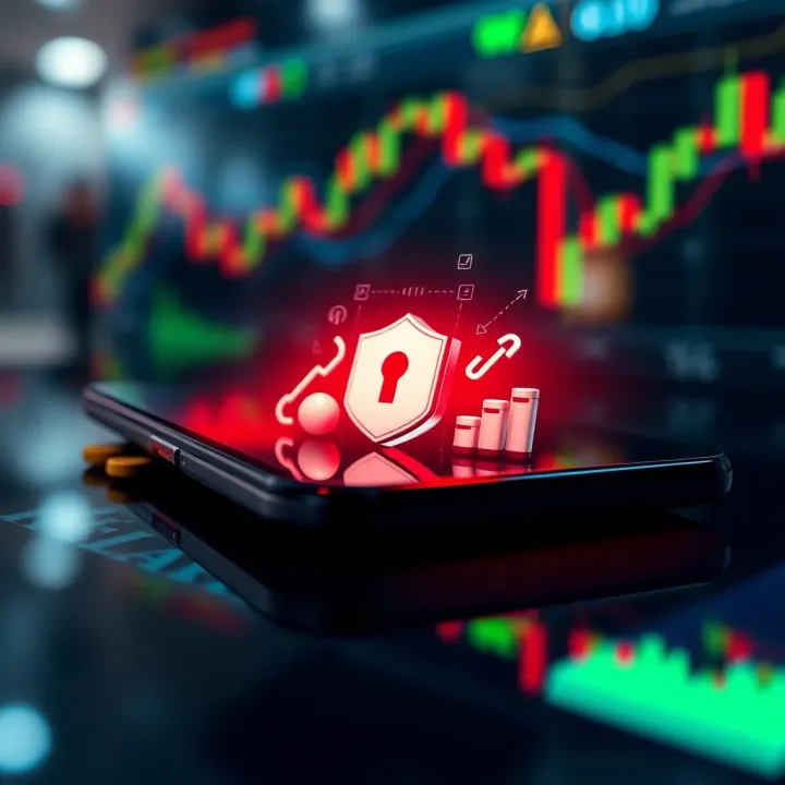 Secure mobile device with financial security icons symbolizing protection in mobile trading