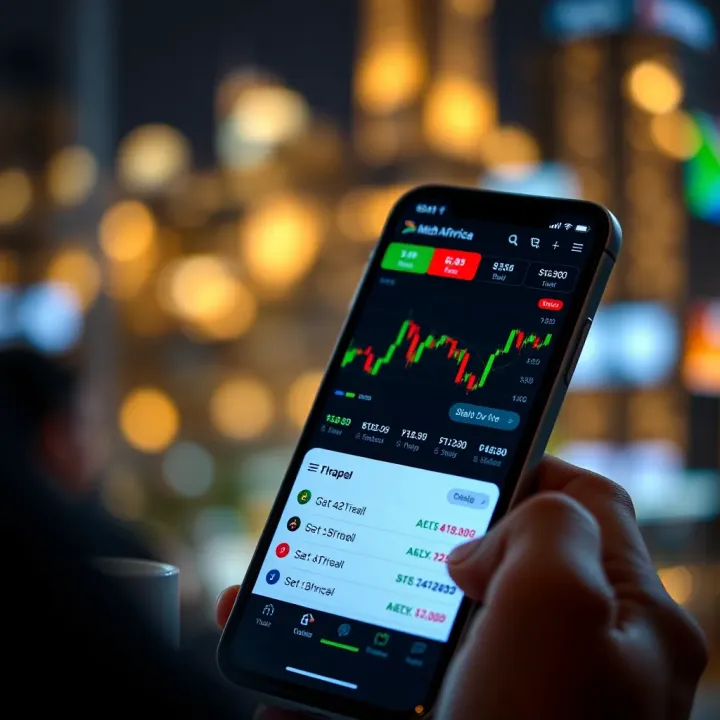 Smartphone displaying South African stock market trading app with charts and portfolio overview