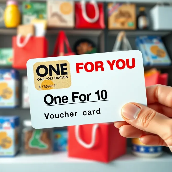 Illustration showing a voucher card being presented with a background of South African currency and shopping items