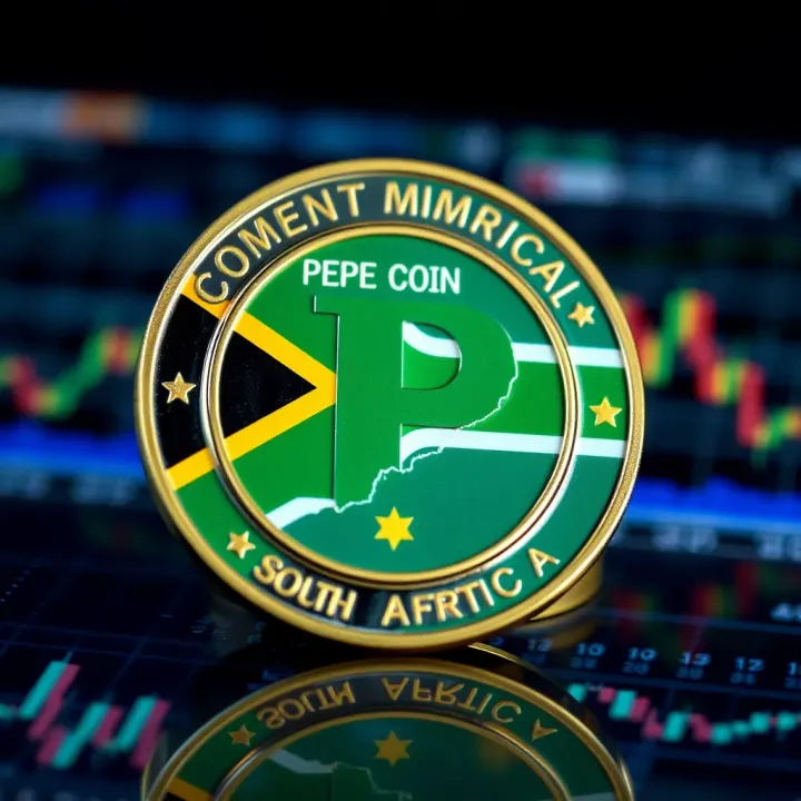 Illustration of Pepe Coin symbol with South African flag elements and market indicators