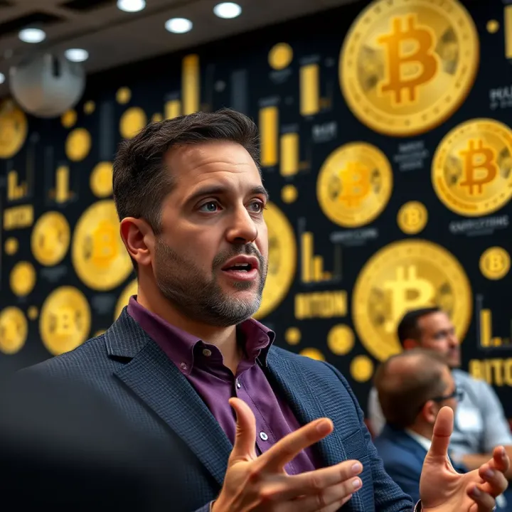 Ran Neuner speaking at a cryptocurrency conference with blockchain logos in the background