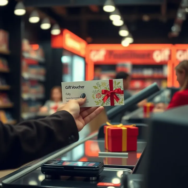 Gift voucher being redeemed at a retail checkout counter