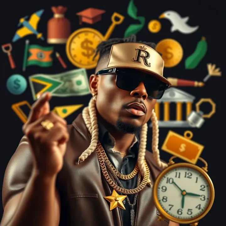 Collage of symbols representing music career and financial success related to Ref Wayne