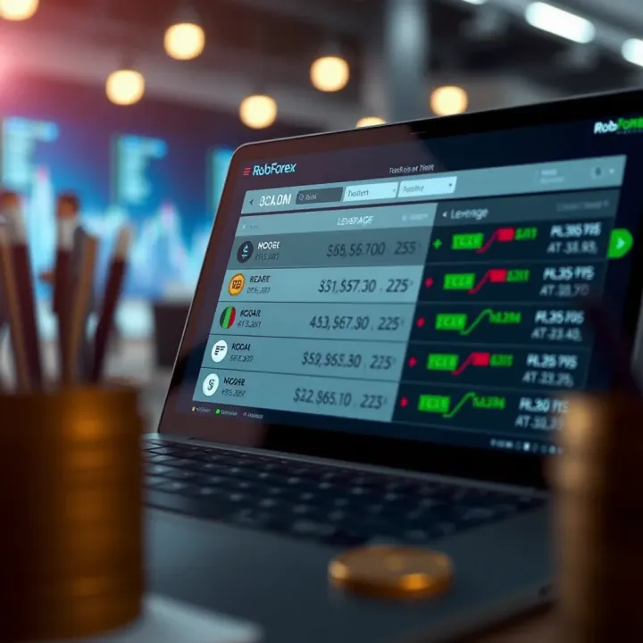 Visual representation of account currency options and leverage settings available to RoboForex traders