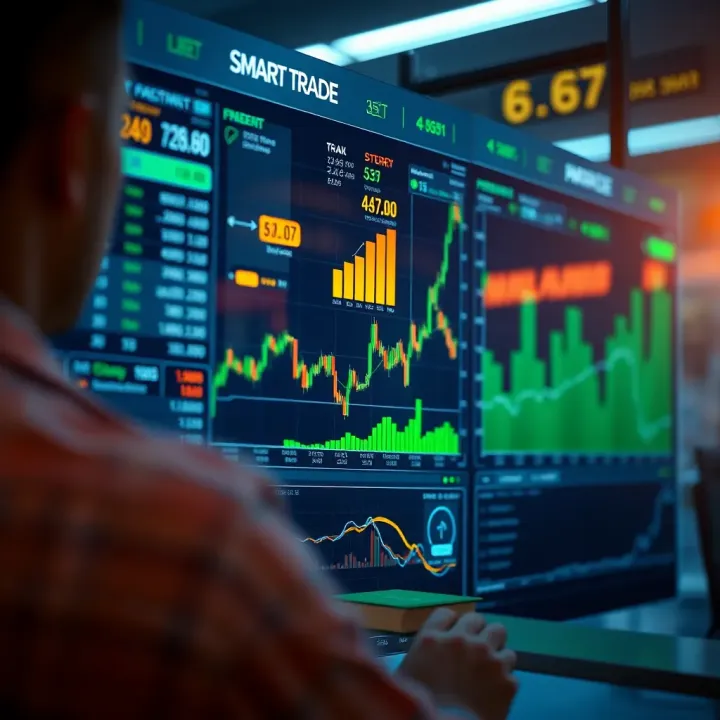 Digital interface showing financial market data and graphs on a transparent screen