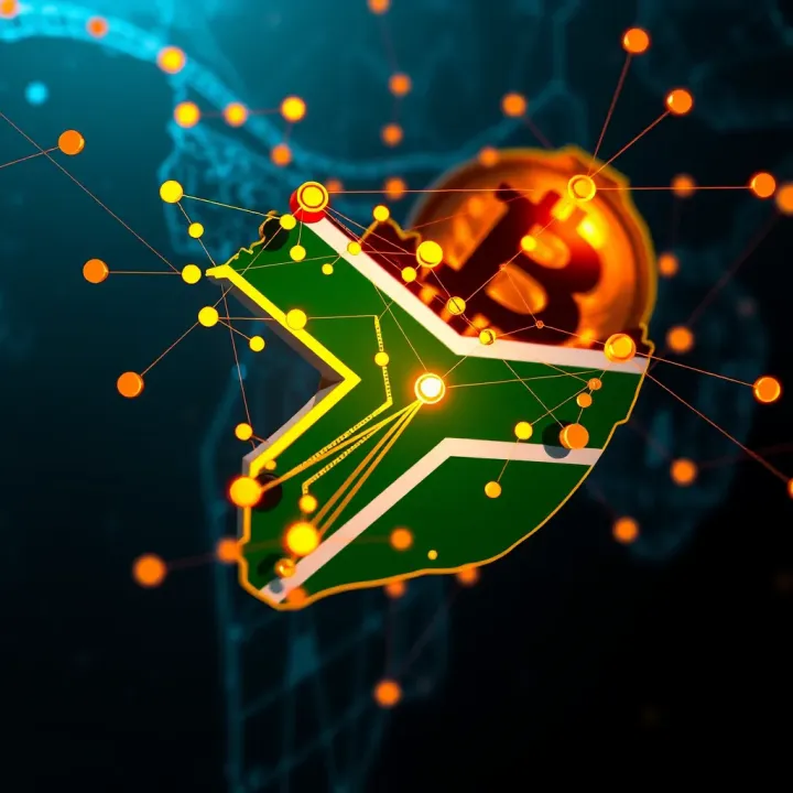 Abstract illustration of South Africa's map overlaid with blockchain network connections symbolizing cryptocurrency impact and future opportunities