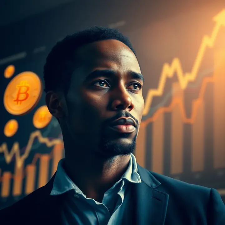 Digital portrait representing a South African Bitcoin millionaire with cryptocurrency symbols and financial growth charts in the background