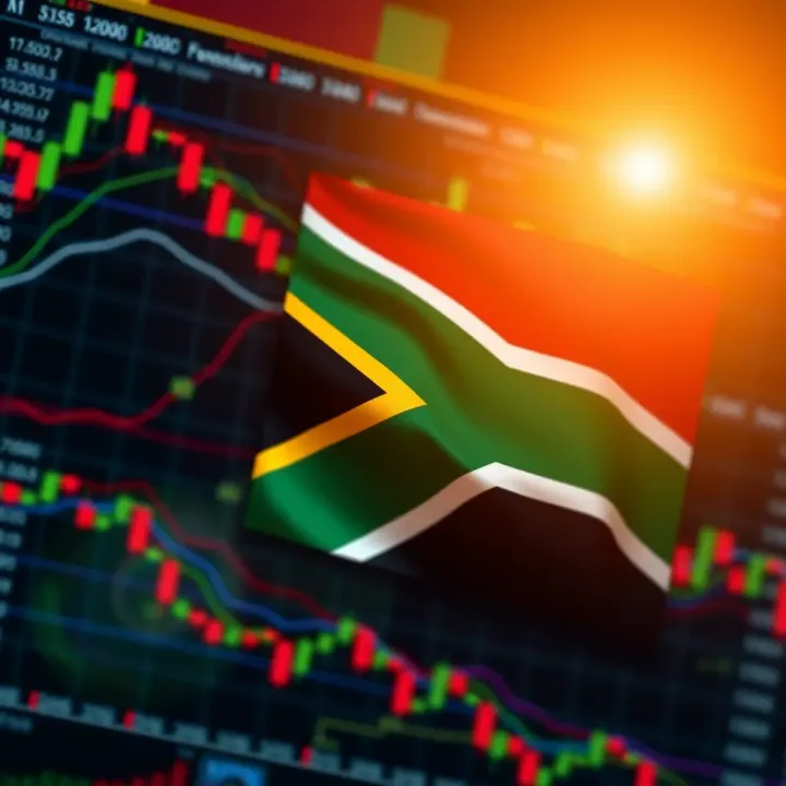 Illustration of South African flag overlaying financial charts and currency symbols
