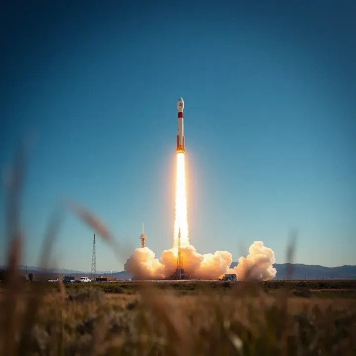 SpaceX Falcon rocket launching into clear blue sky over open landscape