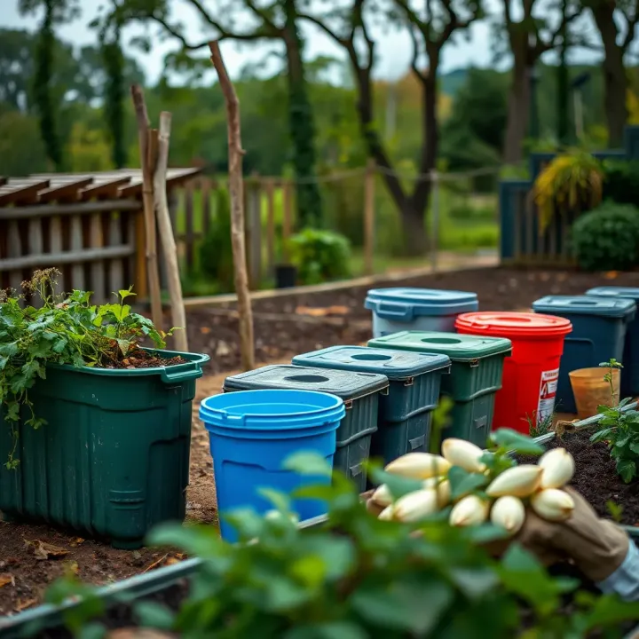 Community garden with compost bins and reusable containers promoting environmental responsibility
