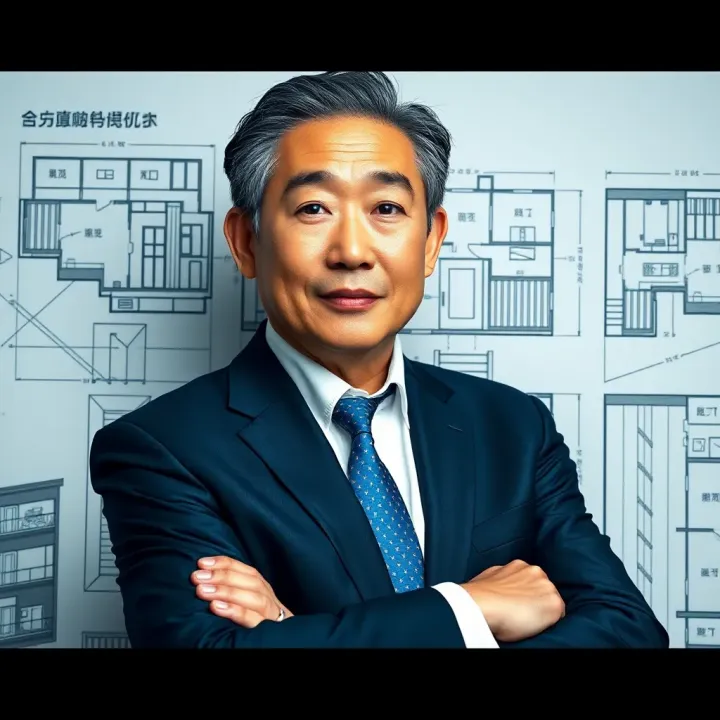 Portrait of Takashi Kotegawa with a backdrop of architectural blueprints