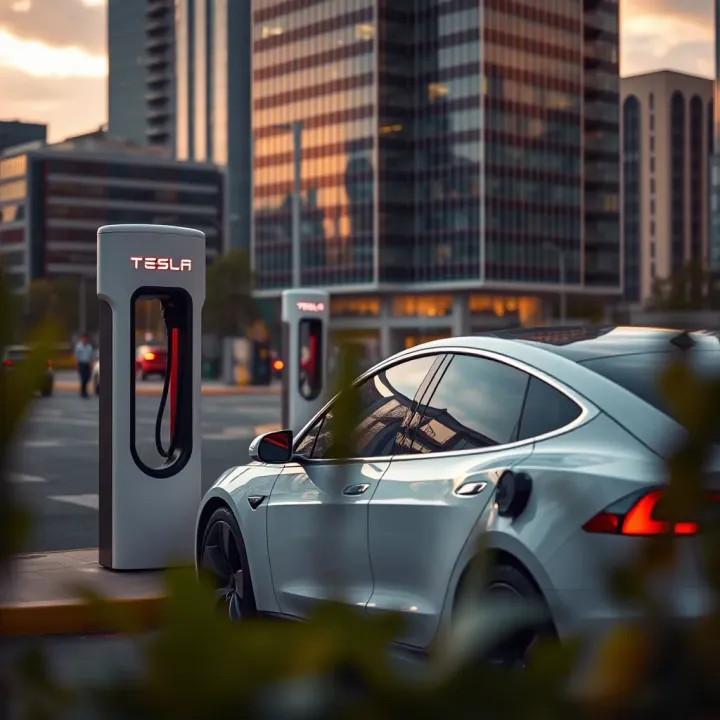 Tesla electric car charging at a modern station amidst a cityscape
