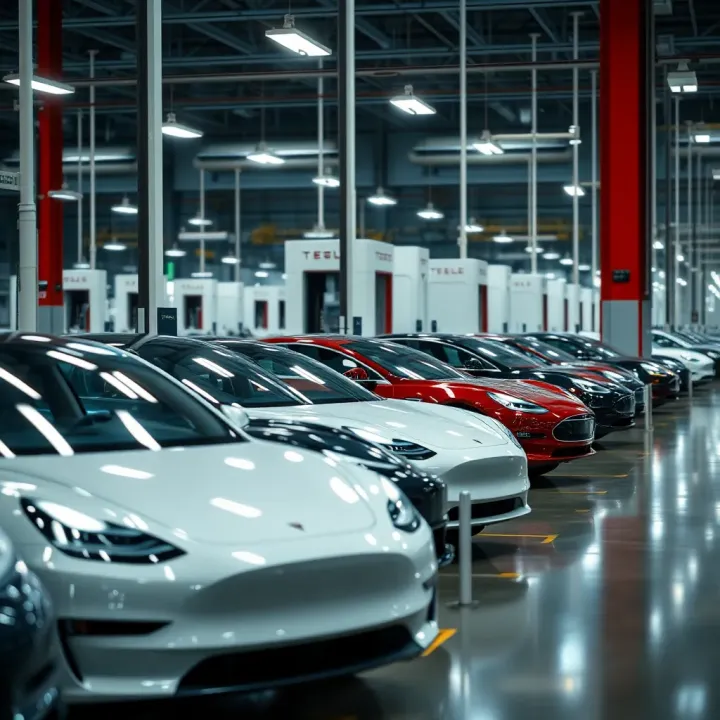 Electric vehicles lined up with a backdrop of Tesla production facility illustrating manufacturing progress