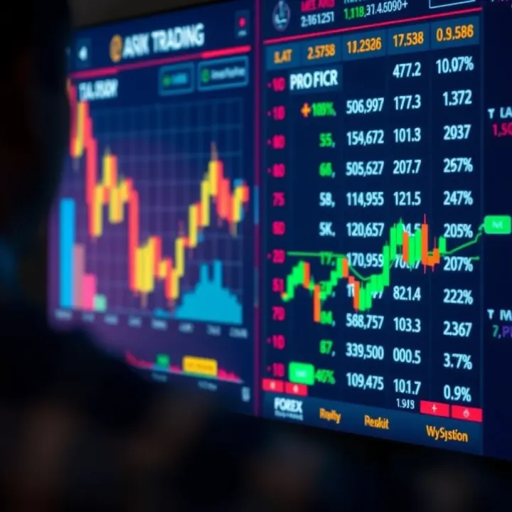 Digital interface showing currency exchange rates and AI algorithms analyzing forex market trends