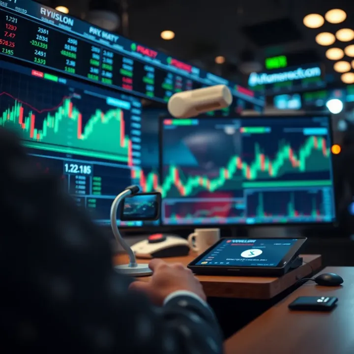 Conceptual illustration of automated forex trading with artificial intelligence and financial data