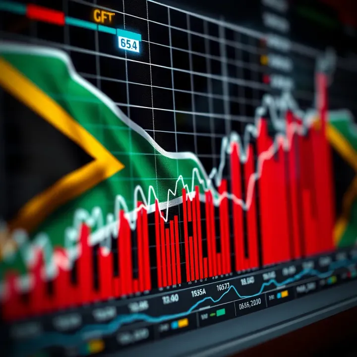 Graph depicting the rise and fall of binary options trading values with South African flag overlay