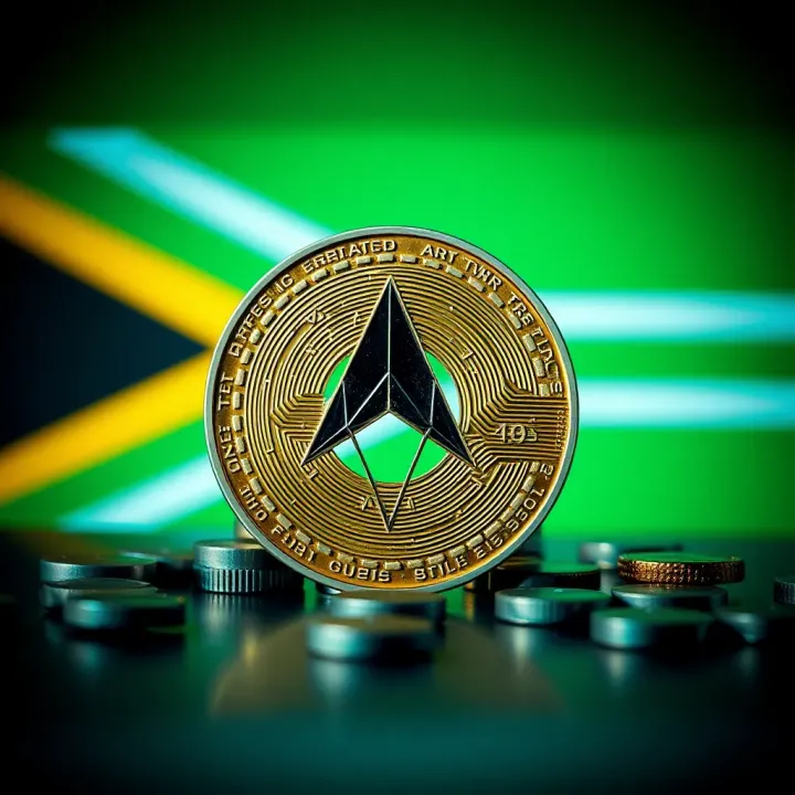 Symbol of ADA cryptocurrency with South African flag colors in the background