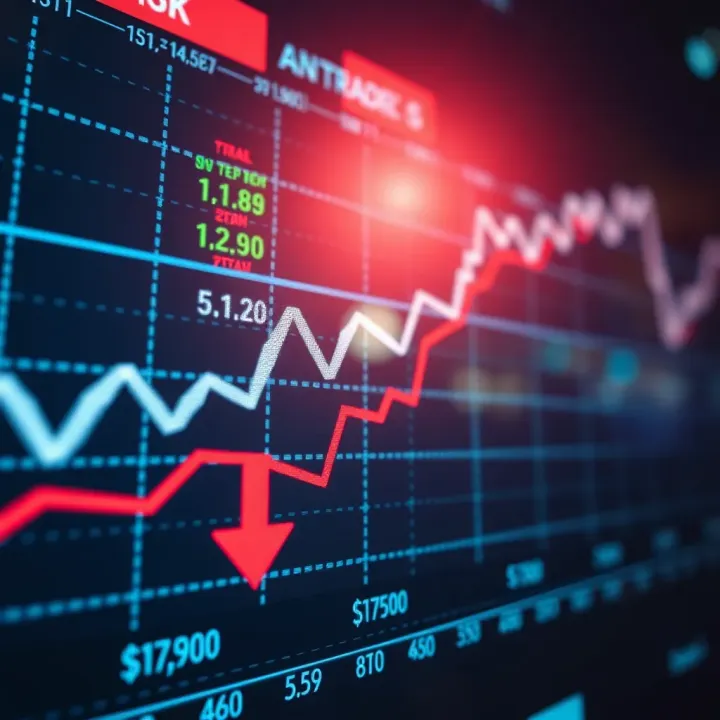 Graph showing fluctuating financial market prices represented by upward and downward arrows