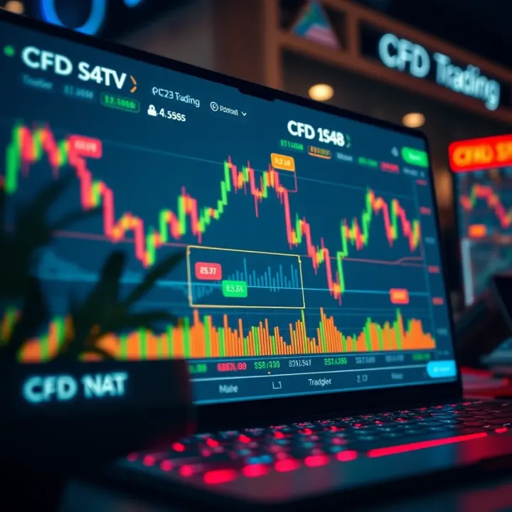 Illustration of online trading platform interface displaying charts and trading options for CFDs