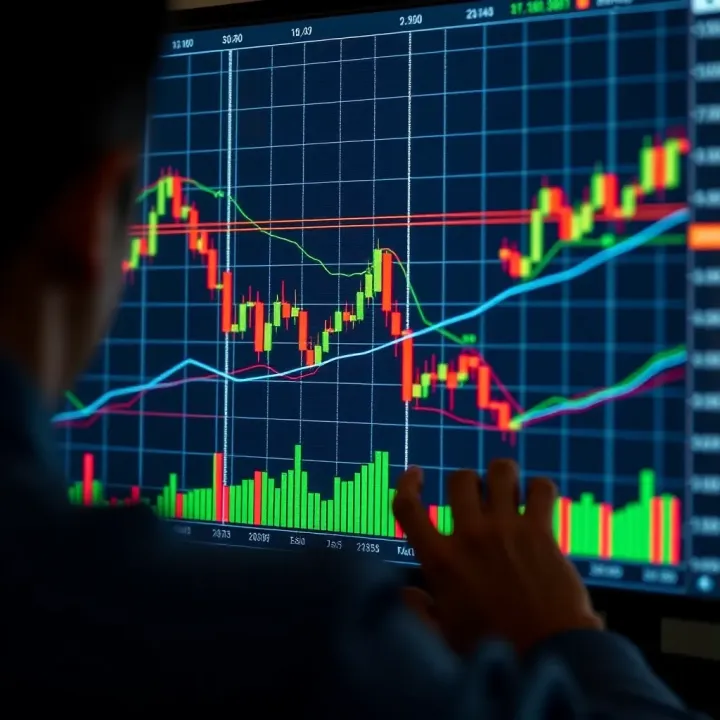 A detailed illustration of common chart patterns such as head and shoulders, double top, and cup and handle in a financial graph