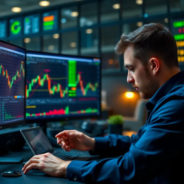 Risk-Free Market Analysis Using Demo Trading Accounts Graphic showing a trader analyzing market trends and graphs on a digital device representing risk-free trading