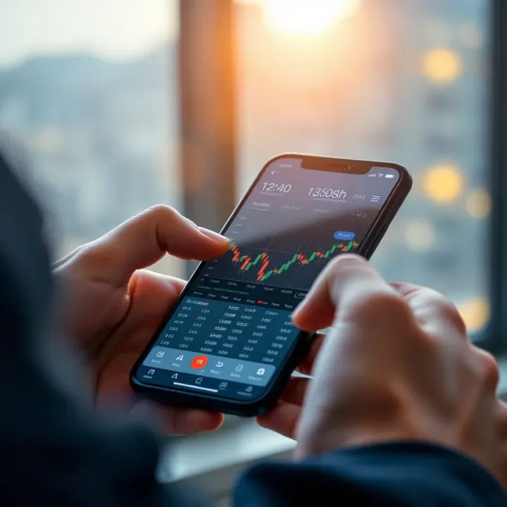 User interacting with a demo trading app interface showing charts and trading options on a smartphone