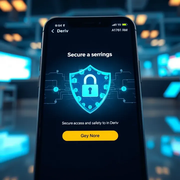 Illustration of secure login on Deriv app with shield icon representing safety