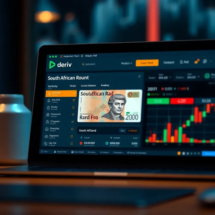 Deriv platform interface displaying South African Rand account details and trading options