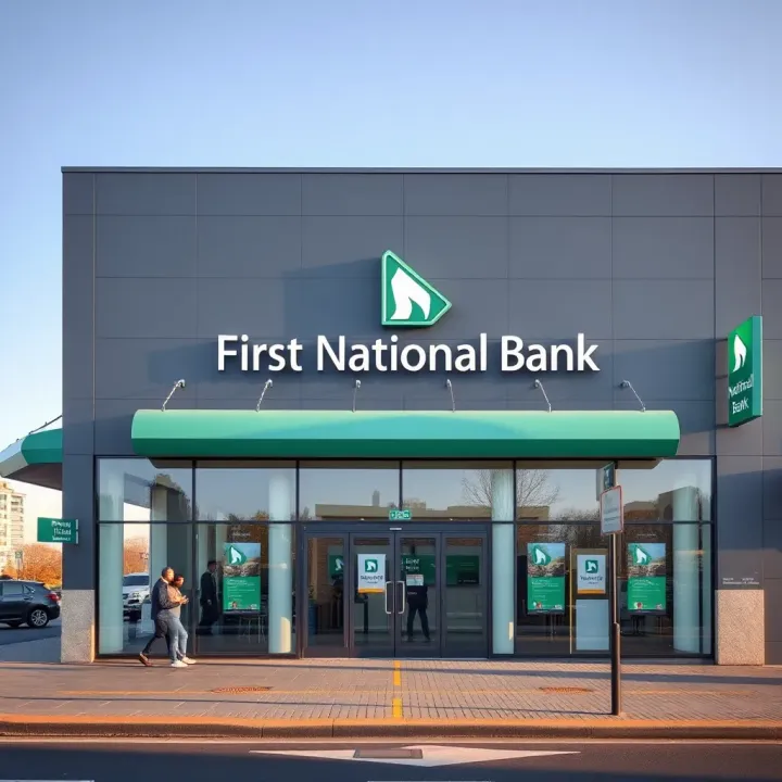 Exterior view of First National Bank building with clear signage in South Africa