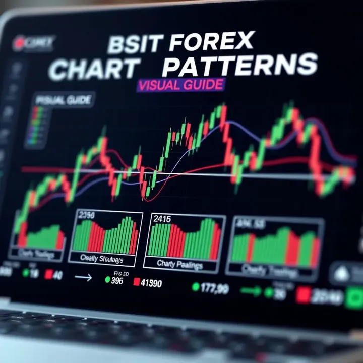 Illustration of common forex chart patterns including head and shoulders, double tops, and triangles