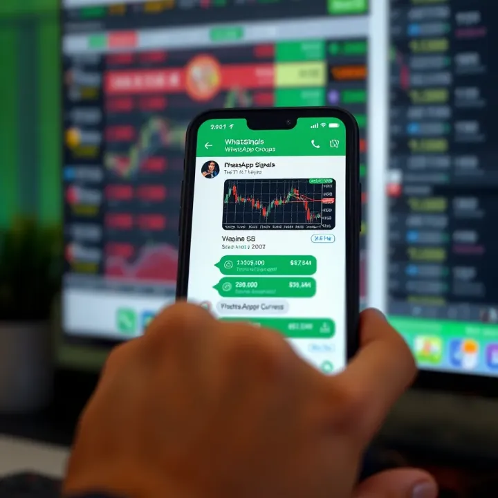 Mobile phone screen showing a WhatsApp chat with Forex signals and currency charts