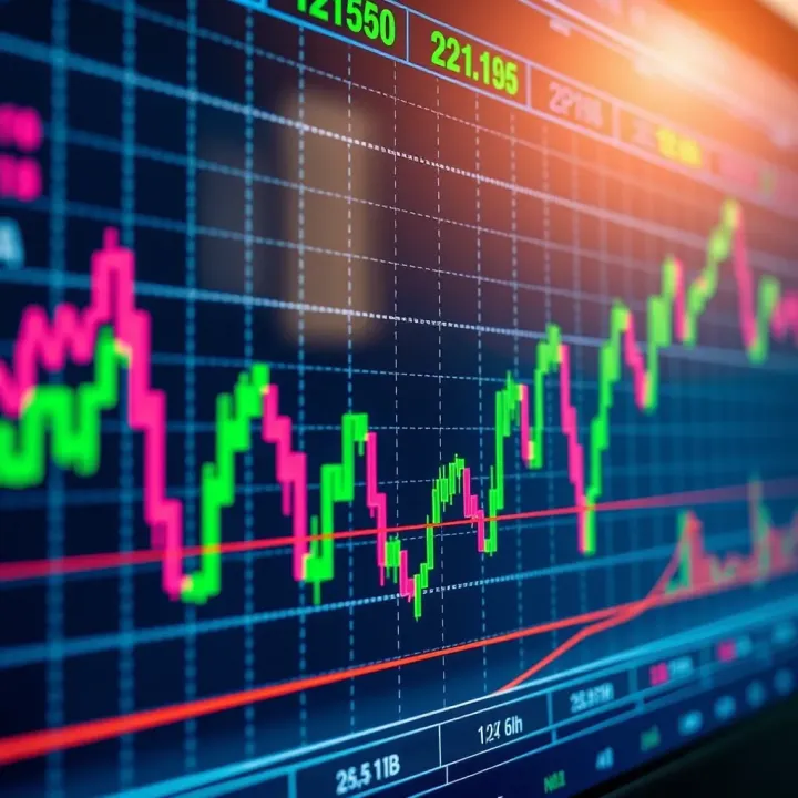 Chart showing currency pairs and economic indicators connected by lines on a digital screen