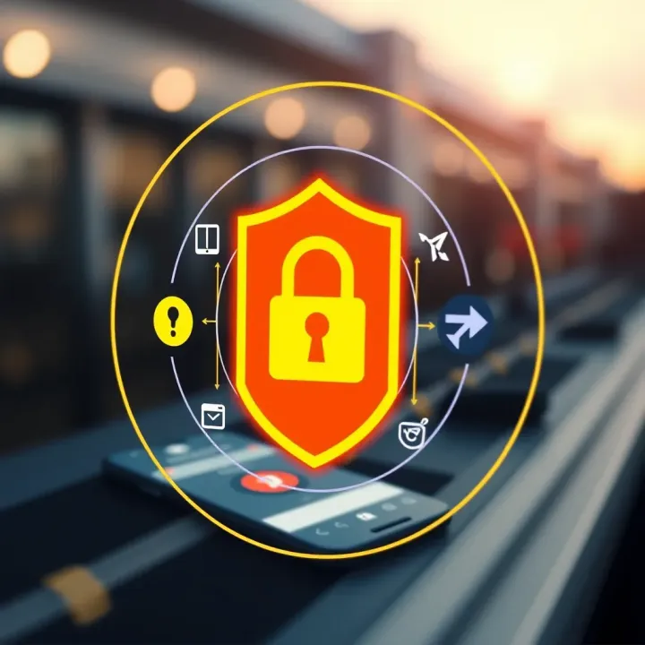 Illustration of a secure download symbol with a smartphone and digital security icons