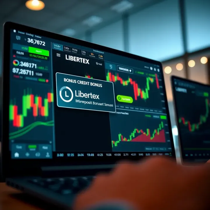 Illustration of a digital trading platform displaying a bonus credit notification on the screen