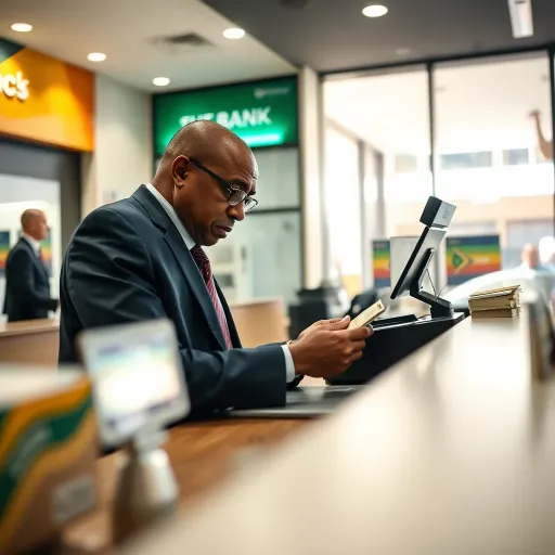 Bank teller counting cash at a customer service counter in a South African bank