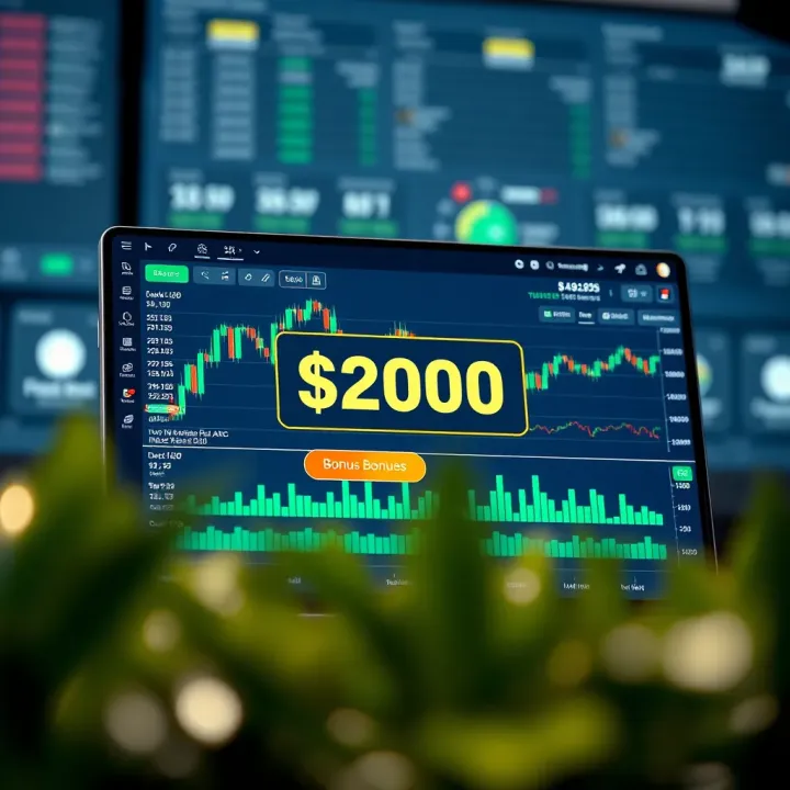 Conceptual graphic showing a digital forex trading platform with bonus notification
