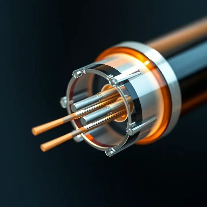 Cross-sectional view of a fibre optic cable showing core and cladding with different refractive indices