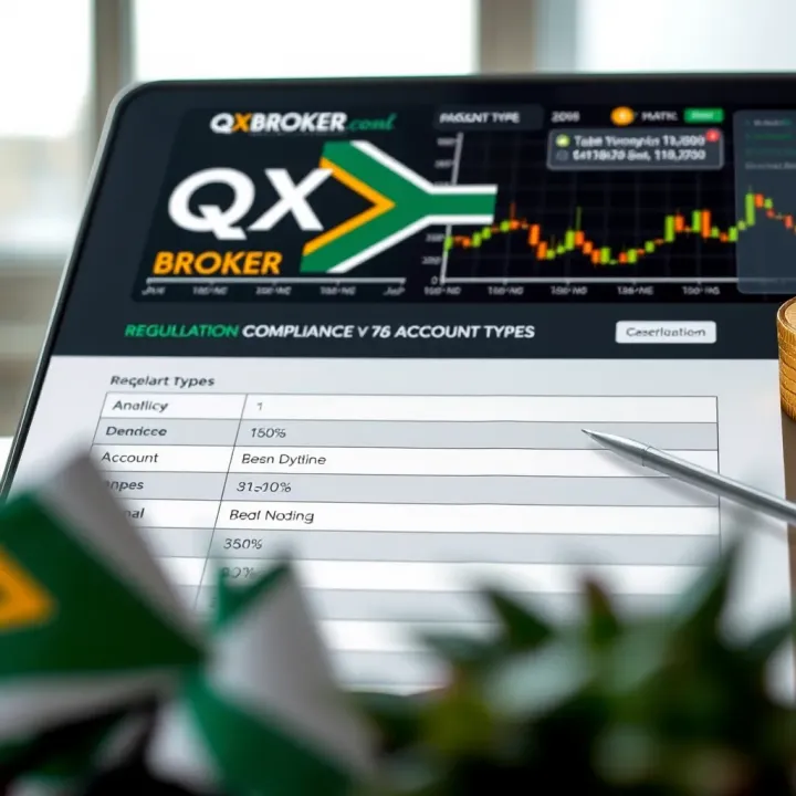 QXBroker Regulation and Account Options for Traders Graphic representation of regulatory compliance and account types offered by QXBroker