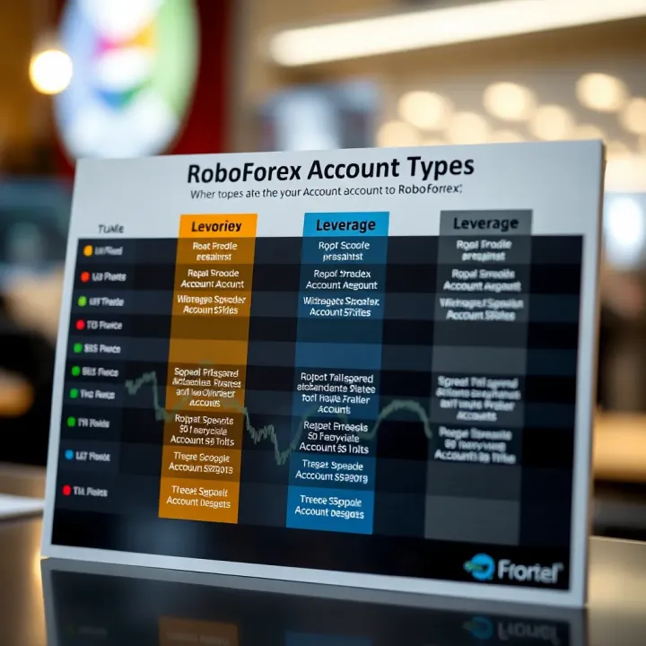 Comparison chart illustrating key features of different RoboForex account types including spreads, leverage, and minimum deposits
