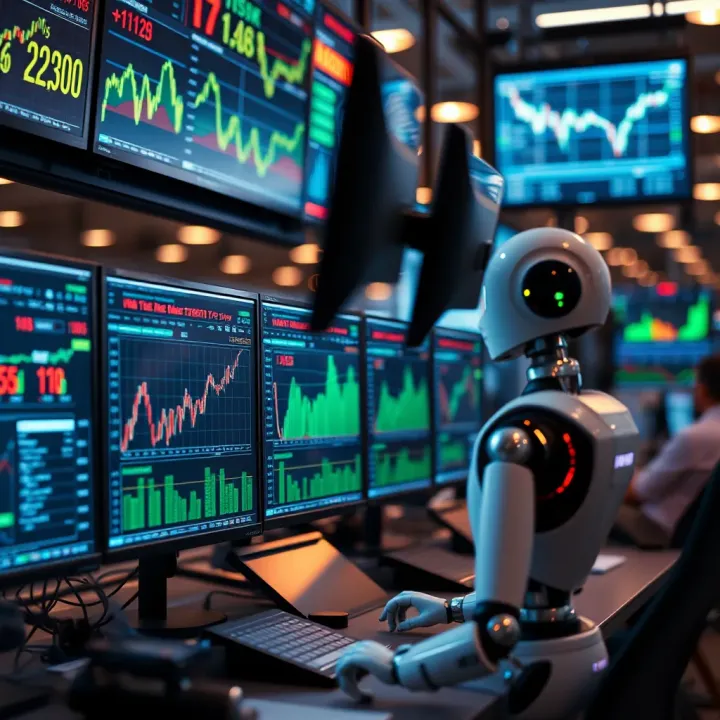 Conceptual representation of automated trading systems analyzing stock market trends on digital screens