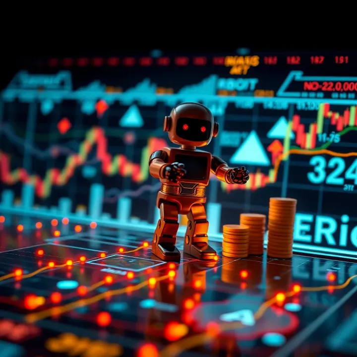 Conceptual illustration of algorithm-driven asset buying and selling with financial symbols and digital technology elements