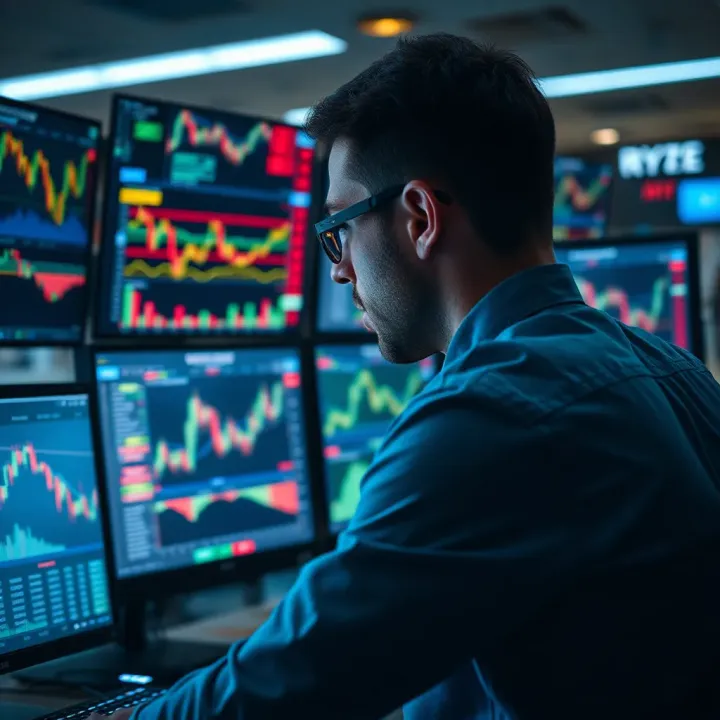 Illustration of a trader analyzing market charts and data on multiple screens