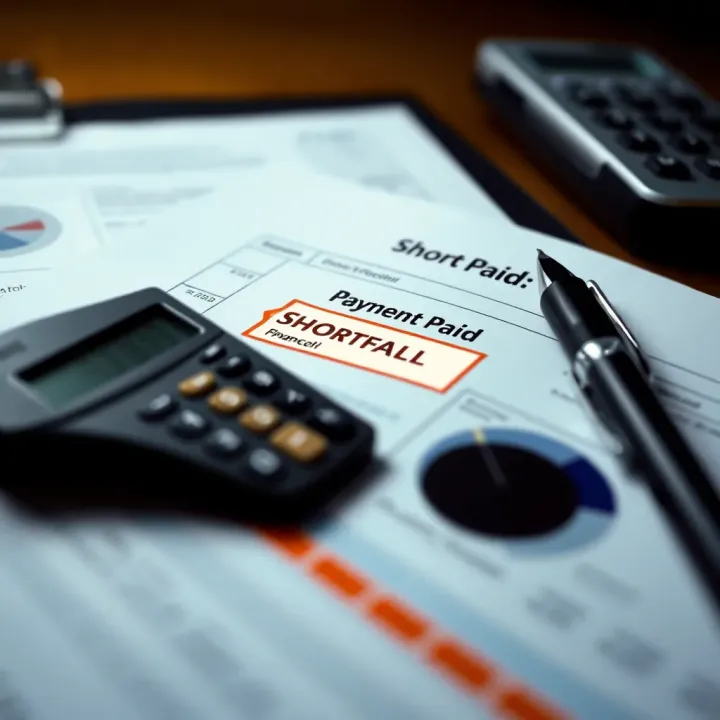 Financial document showing a payment shortfall highlighted with a calculator and pen on the side