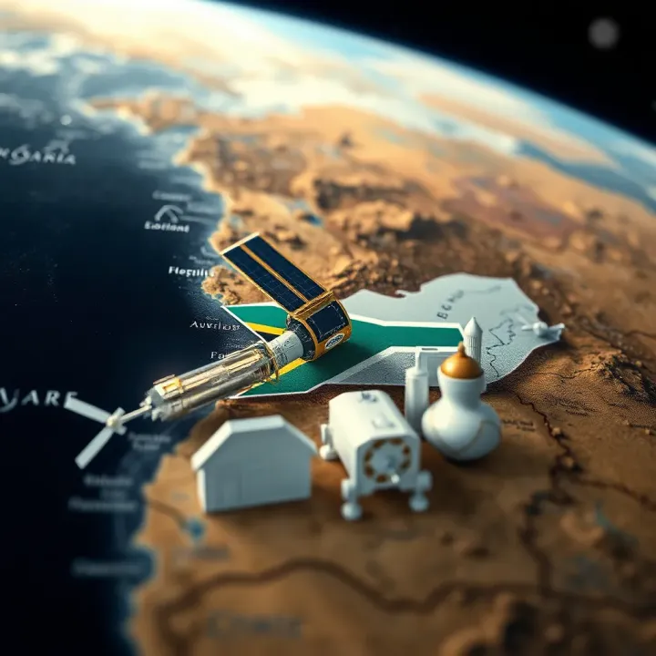Emerging Space Markets and South Africa’s Role Map highlighting South Africa with spacecraft and economic icons symbolizing emerging space markets participation